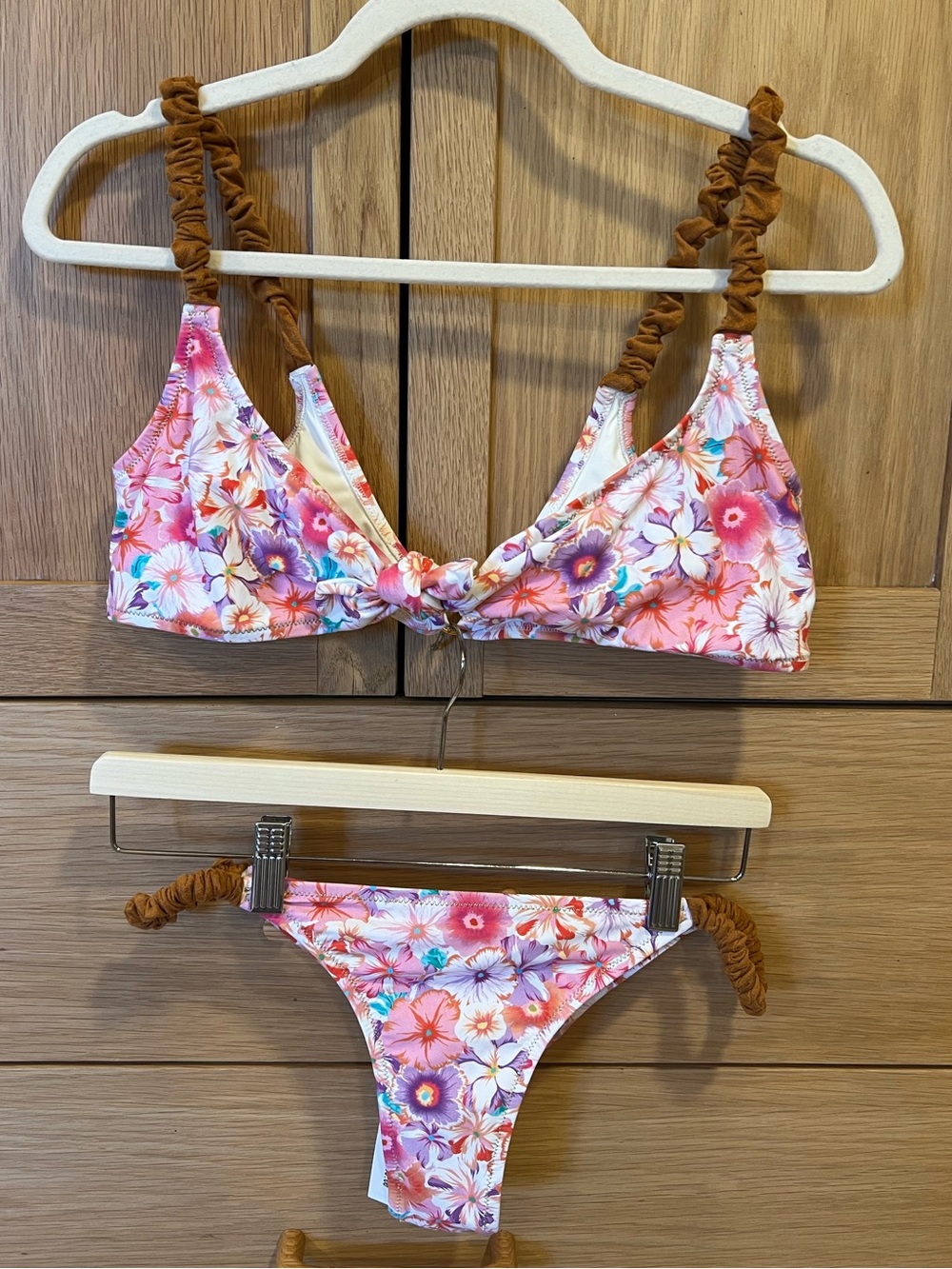 Floral Pink Knot-Front Bikini with Brown Ruched Straps